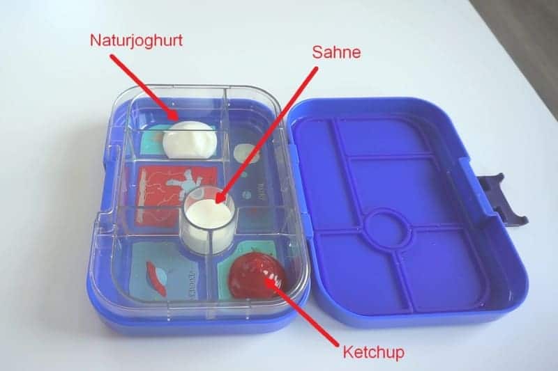 Test der Auslaufsicherheit mit Ketchup, Sahne und Joghurt